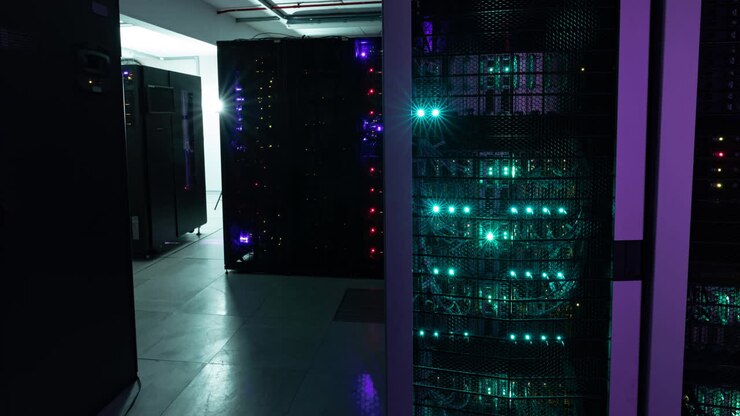 Video of empty corridor with rows of red and green lights in computer servers