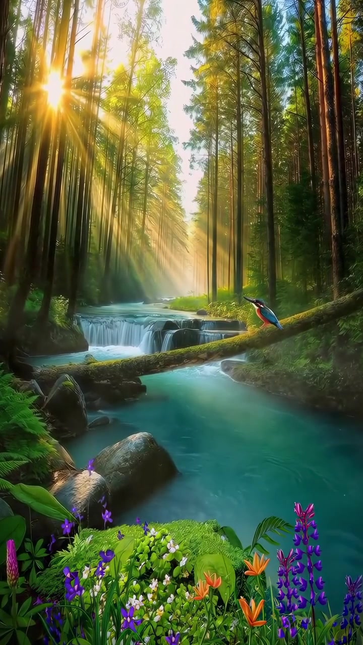 Sinar Matahari Menembus Pepohonan Hutan di Atas Air Terjun yang Tenang