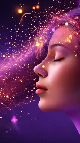 a woman's face is surrounded by a purple and orange cloud of glitter. concept of wonder and magic, as if the woman is in a dream or a fantasy world. the glittery effect adds a sense of movement