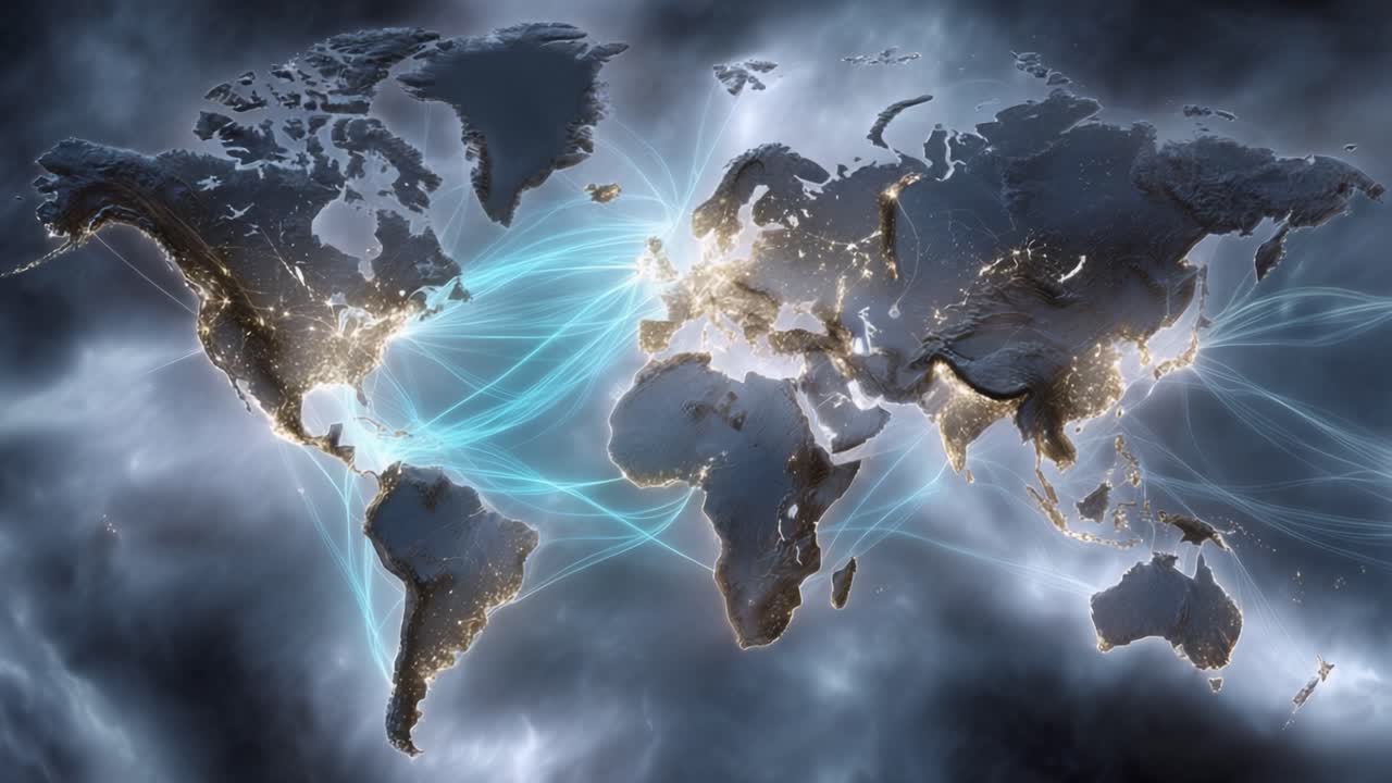 Mappamondo che brilla con connessioni digitali. Raggi di luce collegano i continenti attraverso nuvole scure. Immagine astratta di rete globale. Ideale per temi tecnologici, internet o di affari internazionali.