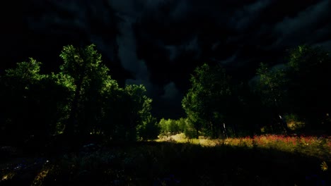 thunderstorm clouds with lightning in green meadow