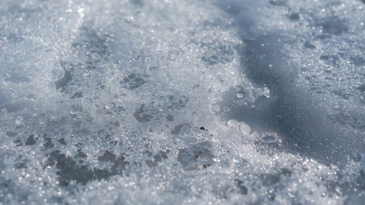 Melting snow patch forming pools and droplets under sunlight at outdoor path, showing shadow trough
