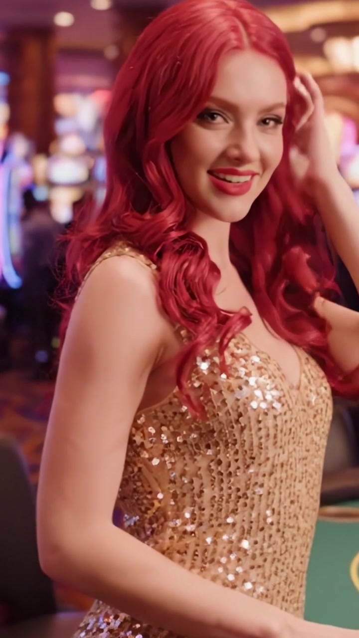 Una giovane donna affascinante con splendidi capelli rossi e un abito dorato scintillante incanta il casinò, offrendo un'atmosfera lussuosa tra emozionanti macchine da gioco.