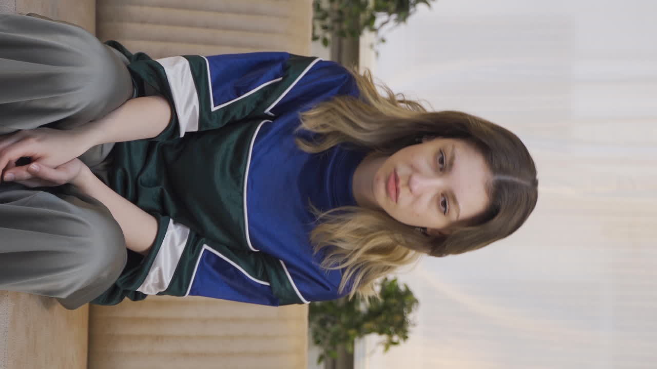 el video vertical de la joven en duelo está pensando y sufriendo de depresión.