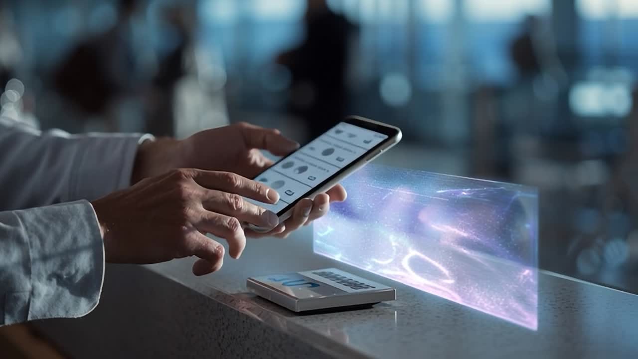 Hands using a smartphone with a holographic display