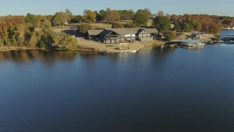 lateral aerial view of retirement community lake marina club house