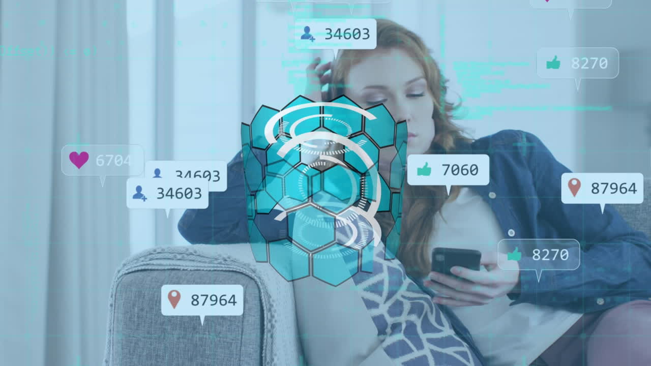 스 ⁇  스캐닝 및 소셜 미디어 연설 거품의 애니메이션 스마트폰을 가진 여성