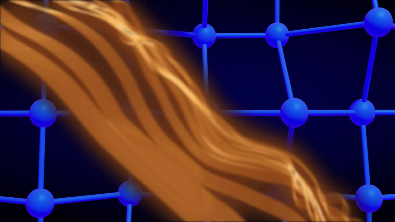 una onda naranja que fluye sobre una estructura molecular azul, animación científica