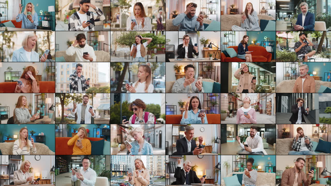 colage de personas molestas y frustradas hombres mujeres que usan teléfonos inteligentes reciben malas noticias pérdida juego fallo
