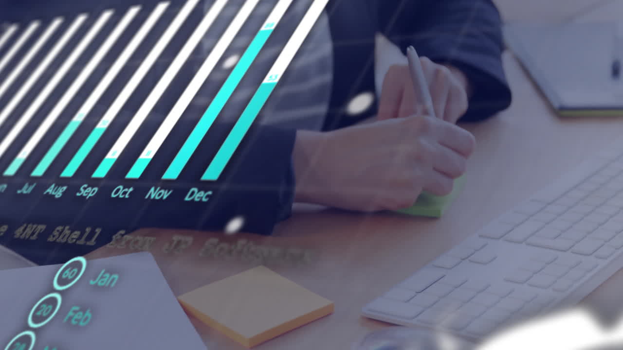 animación del procesamiento de datos financieros sobre mujer de negocios caucásica escribiendo en la oficina