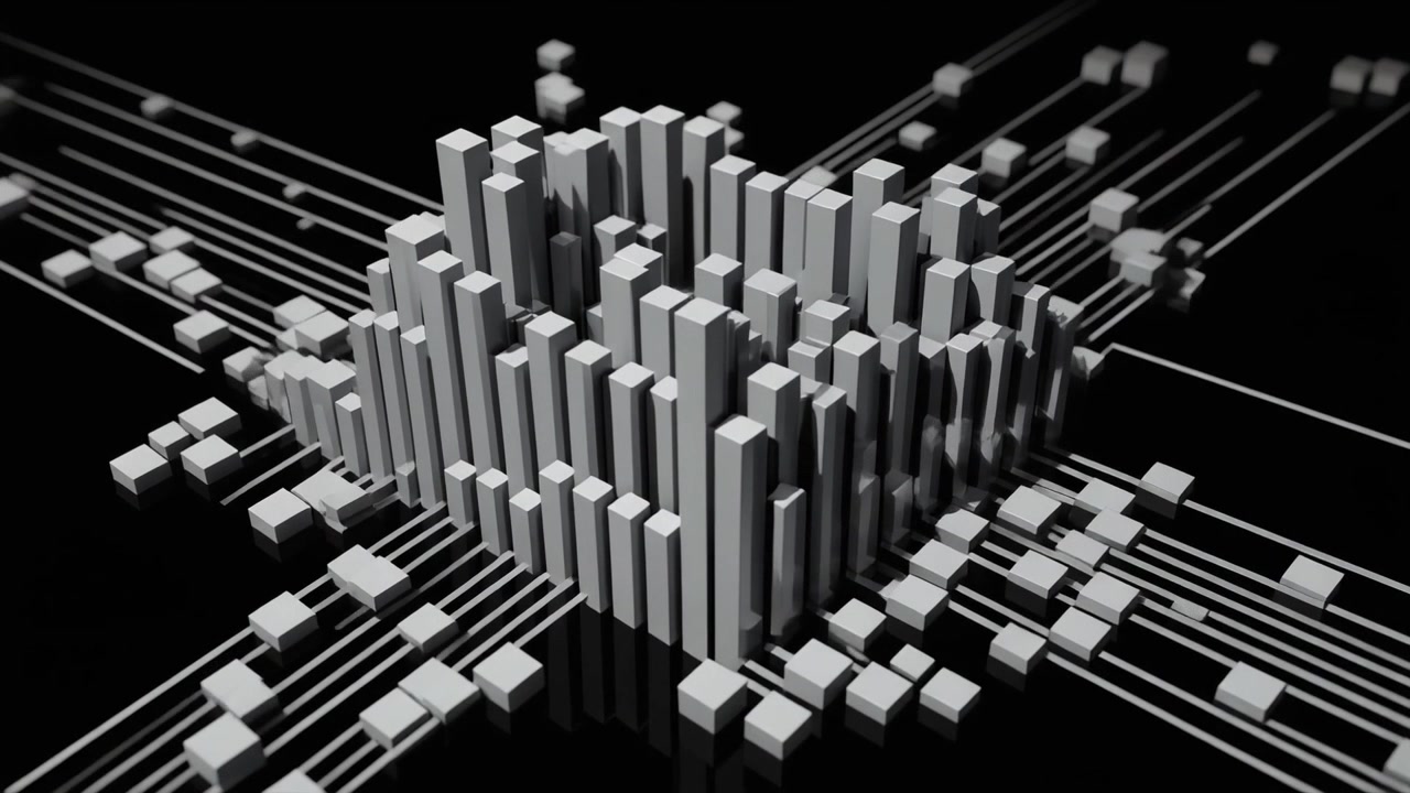 Abstrakt 3D-datavisualisering med stigende hvide kuber på sort baggrund