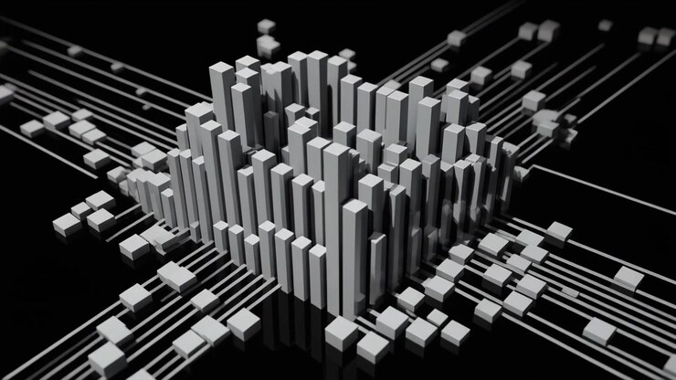 Abstract 3D Data Visualization with Rising White Cubes on Black Background