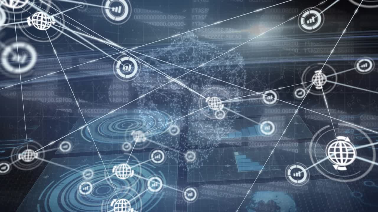 Animation of network of connections with icons over block chain and digital shield