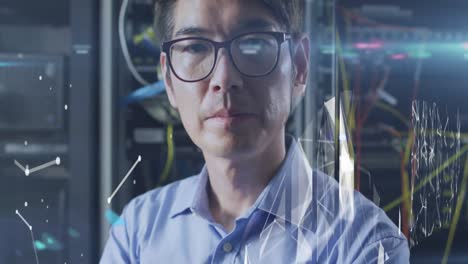 animation of data over portrait of asian male it engineer by computer server