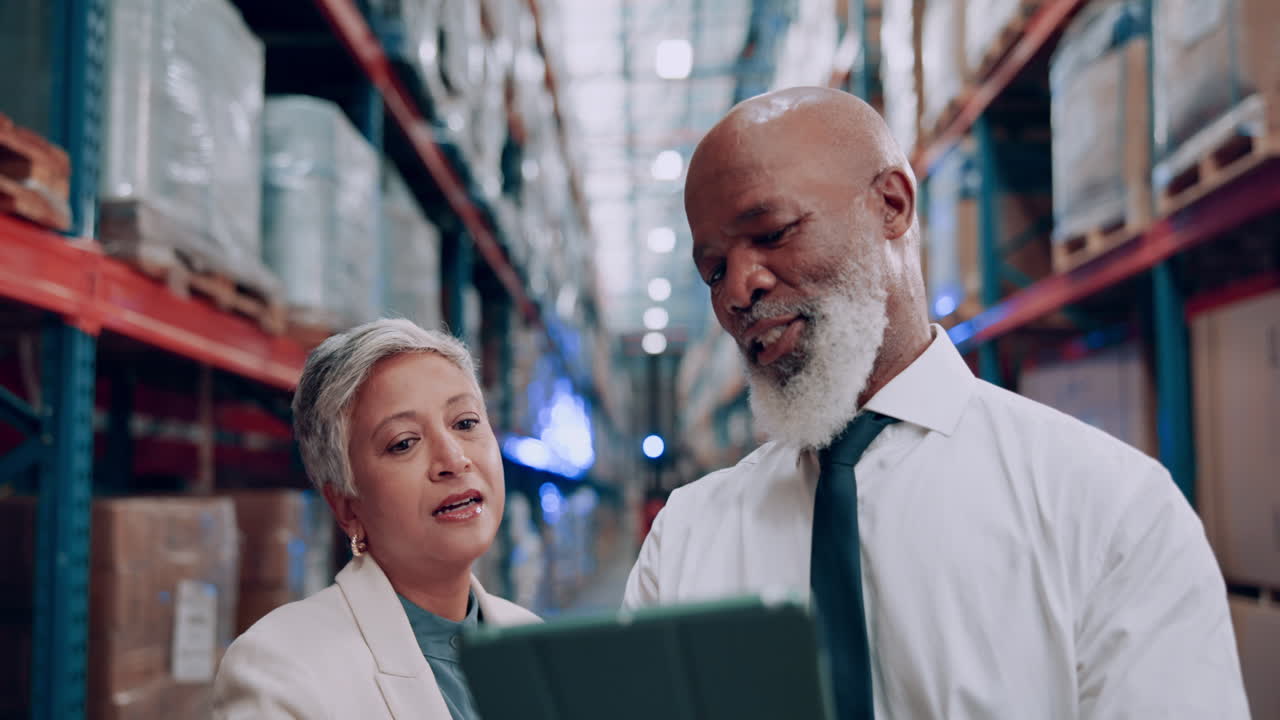 hombres de negocios inspeccionando el inventario en un almacén