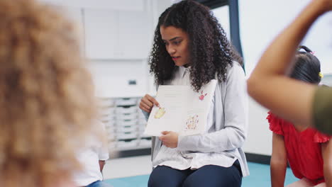 young female infant school teacher showing a book to kids in a classroom, close up