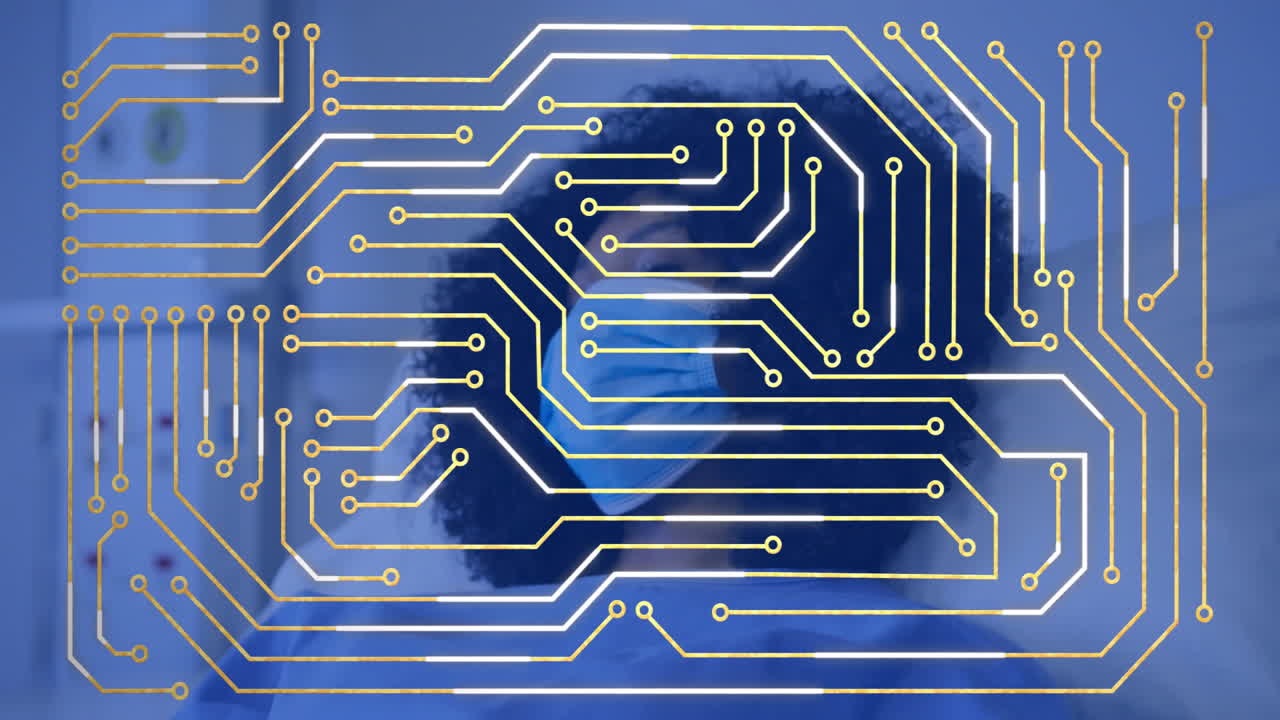 female healthcare worker wearing medical mask standing in lab, showcasing digital network overlay
