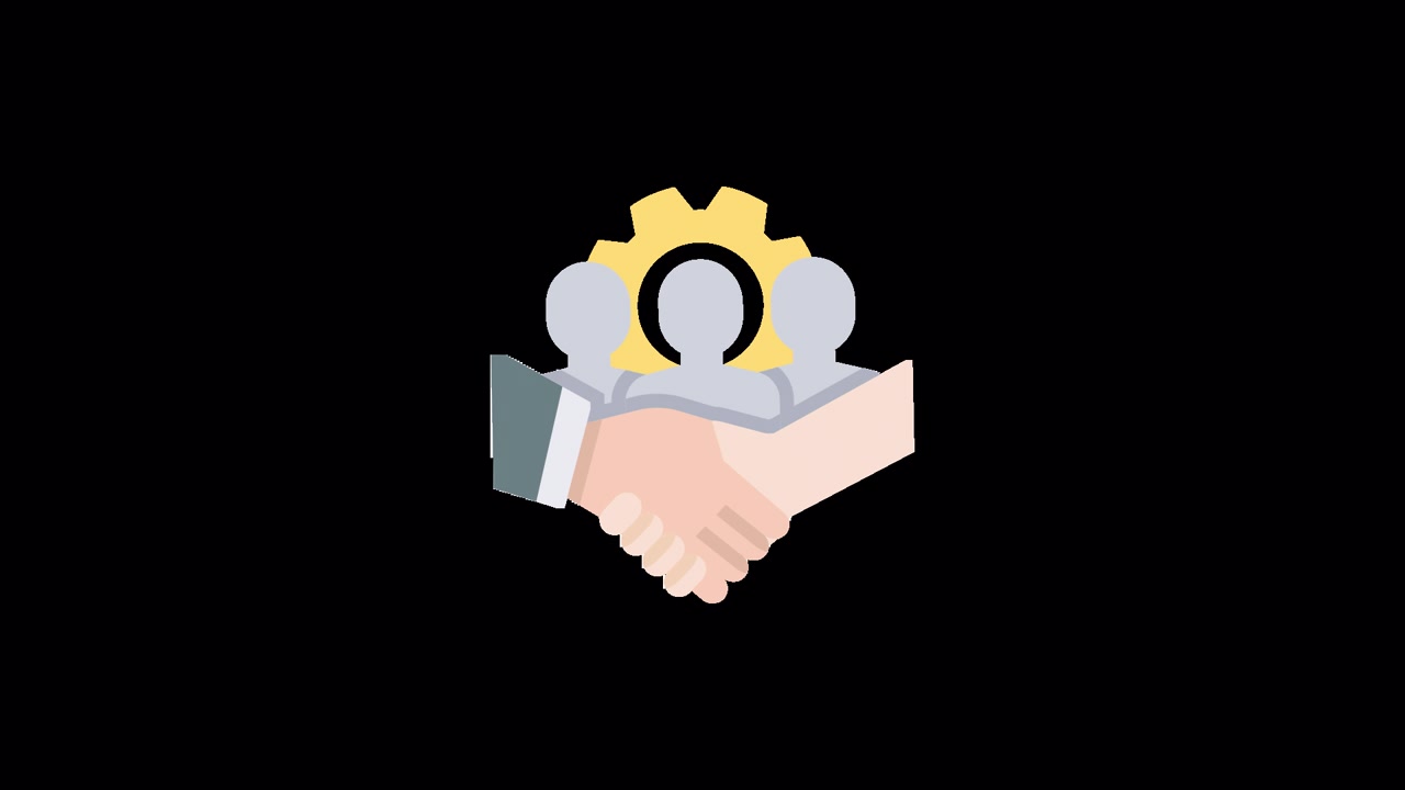 Animated Business Handshake with Team and Gear Icon