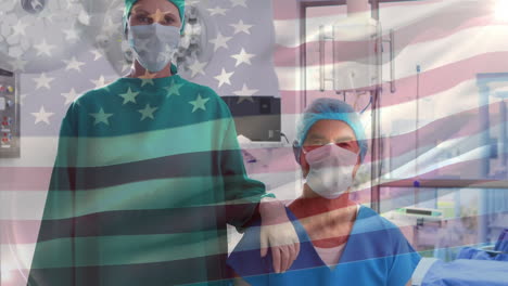 animation of flag of usa waving over surgeons in face masks