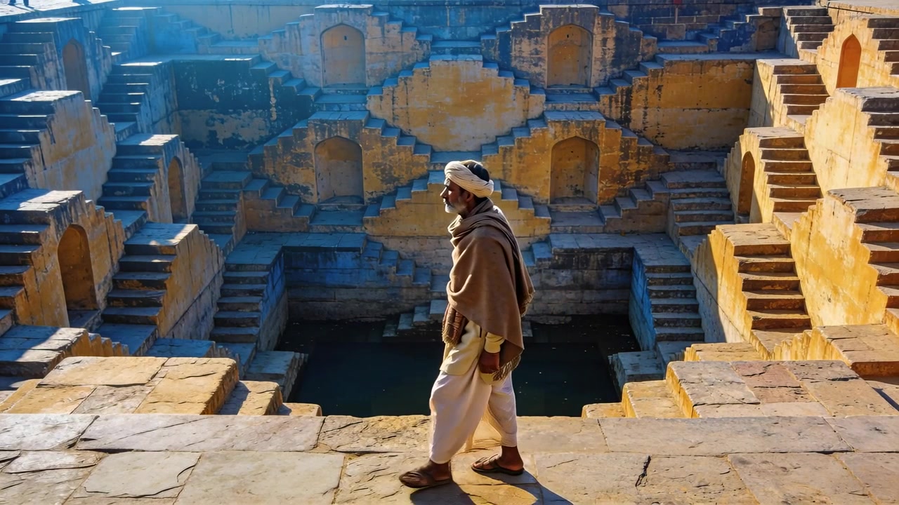 Anziano signore che cammina a grandi passi, in kurta, scialle e turbante, entra da destra e guarda nella vasca del pozzo a gradini.