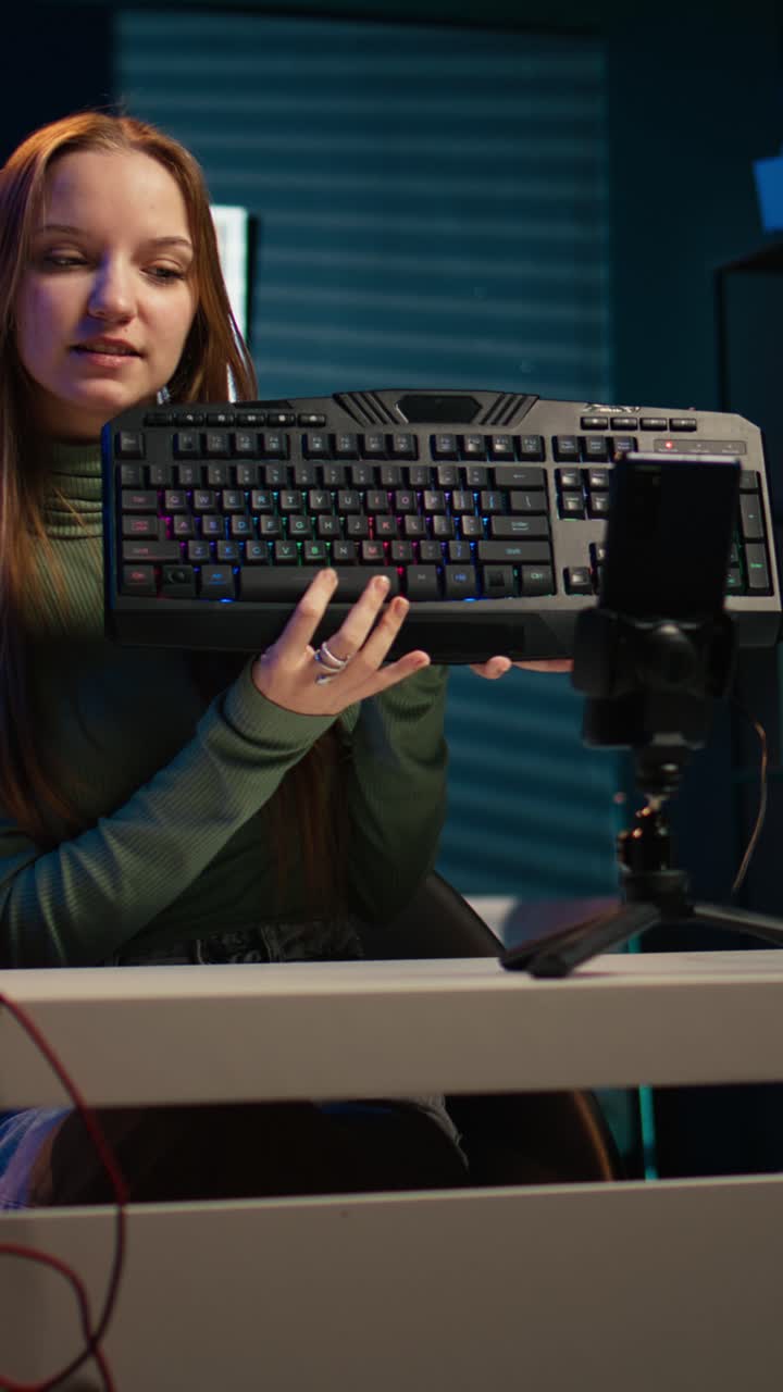 Wanita Muda Meninjau Keyboard dan Mouse Gaming untuk Konten Online