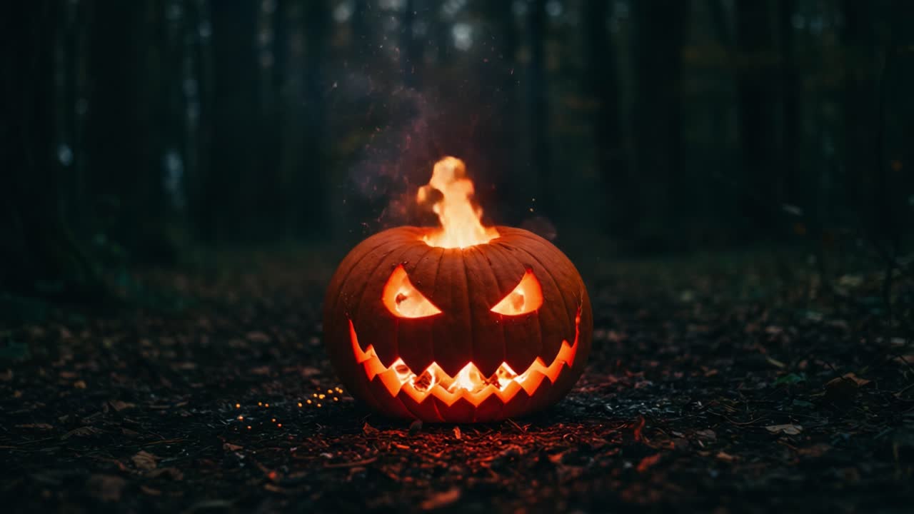 A Sinister Glow: Captivating Images of a Carved Pumpkin's Fiery Expressions in an Enigmatic Forest Setting
