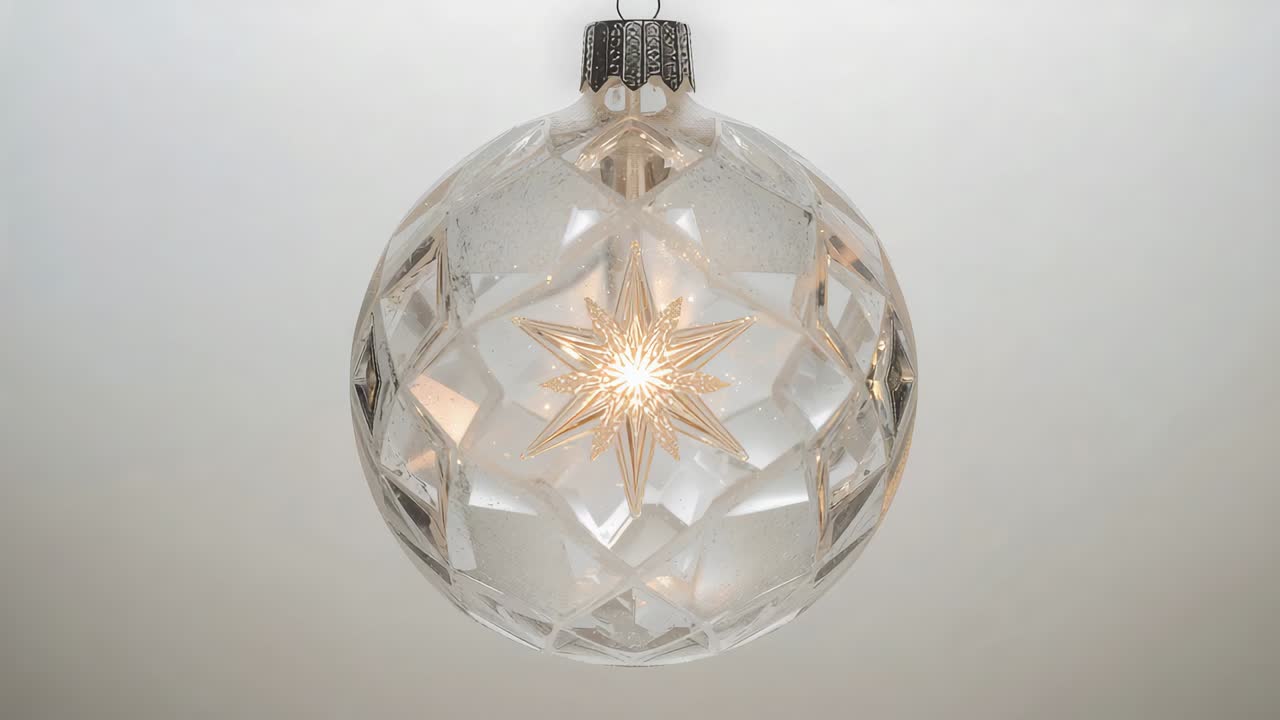 Zooming camera drawing faceted bauble closer at pale wall to reveal etched 8-point star and cap
