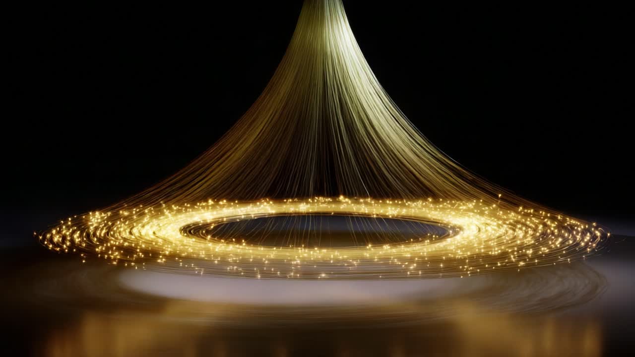 A captivating display of luminescent strands elegantly cascading from a shimmering vortex, indicative of cosmic phenomena and artistic interpretation blending light and motion in mesmerizing harmony