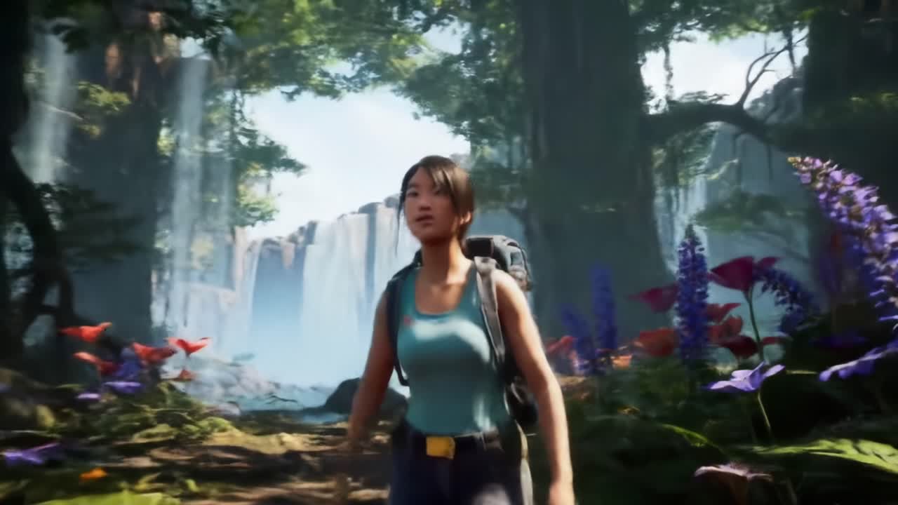 An adventurous female explorer traverses a vibrant, lush landscape rich with exotic flora and majestic waterfalls, embodying the thrill of discovery in a breathtaking natural setting