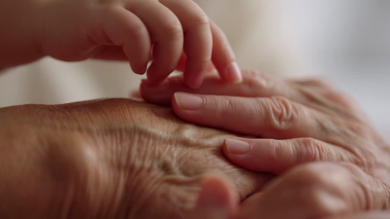 Baby's Small Hand Gently Touches Elderly Person's Wrinkled Hand