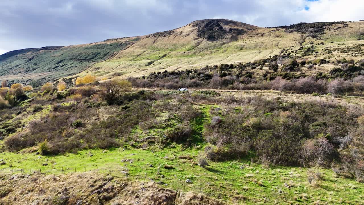 A serene hillside landscape in Queenstown, New Zealand, captured under natural daylight with lush greenery and rolling hills