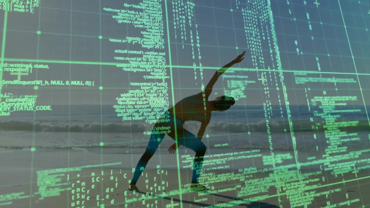 Yoga practitioner initiating side bend on beach, flowing into angle with neon code grid for fitness