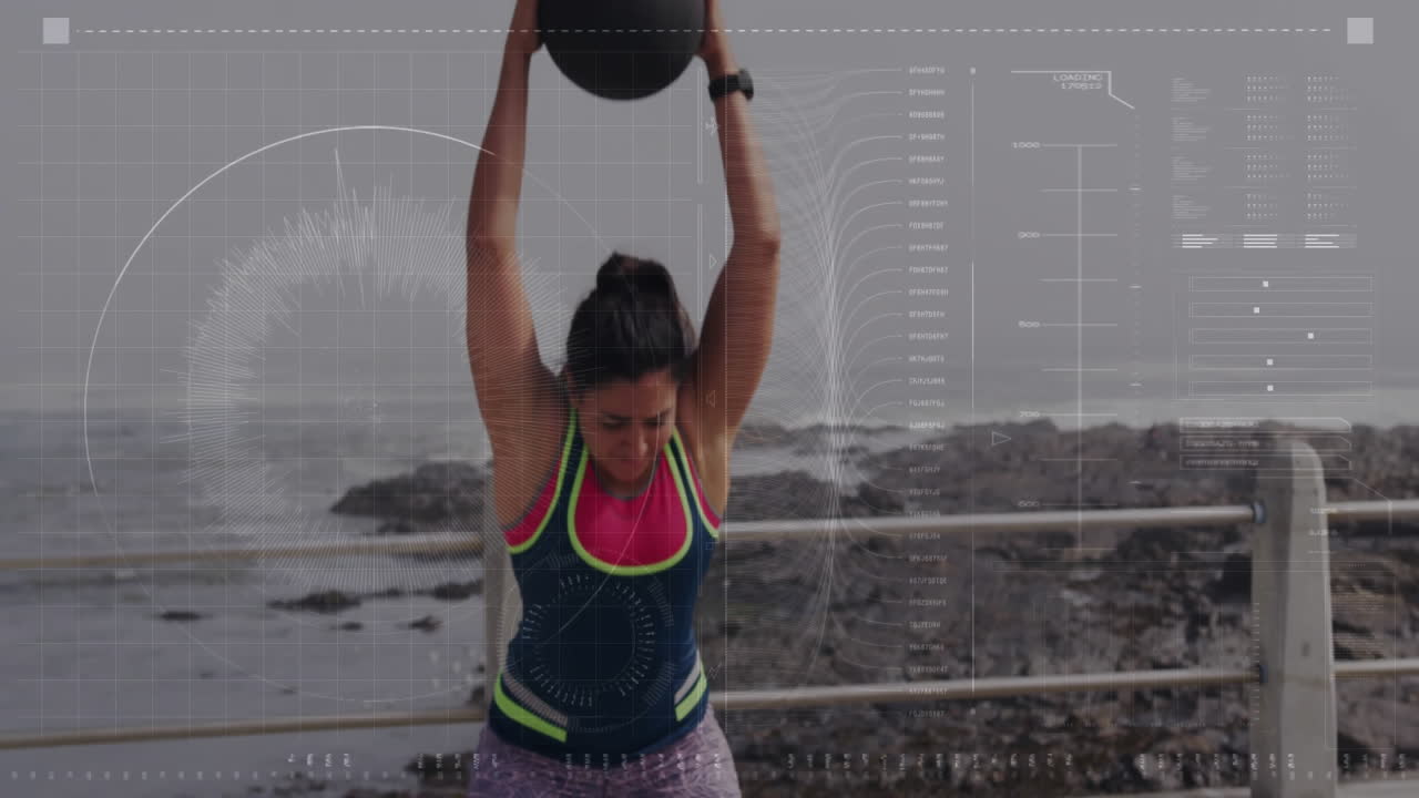 mujer estirándose al aire libre con animación de procesamiento de datos de fitness sobre ella