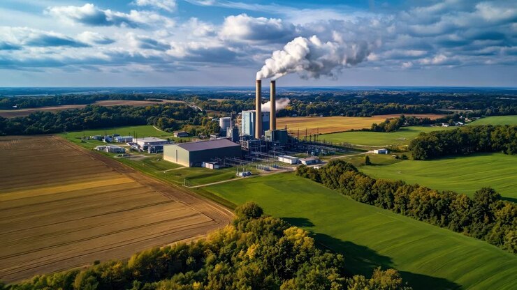 Aerial view of a power plant with smoke stacks amid fields, under a cloudy sky