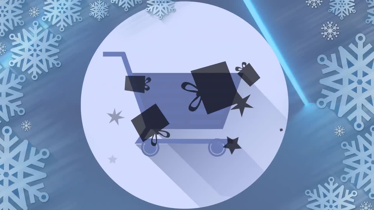 qr-код над синим светящимся туннелем на фоне силуэта рождественских подарков и значка корзины покупок