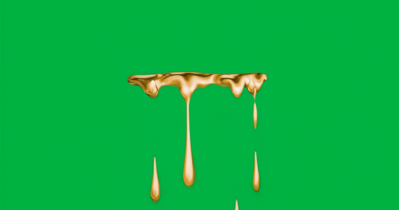 Faixa de ouro derretido alongando gotas, que então se desprendem e caem pela gravidade em um fundo transparente.