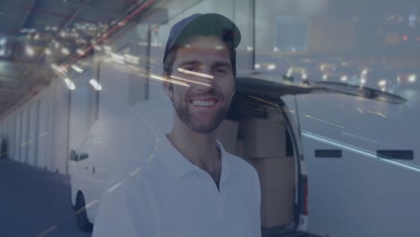 animation of road traffic over happy delivery man next to van in shipping centre