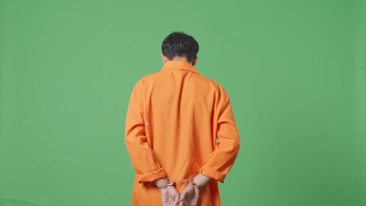녹색 스크린 배경에서 손을 고 있는 아시아 남성 수감자의 뒷면