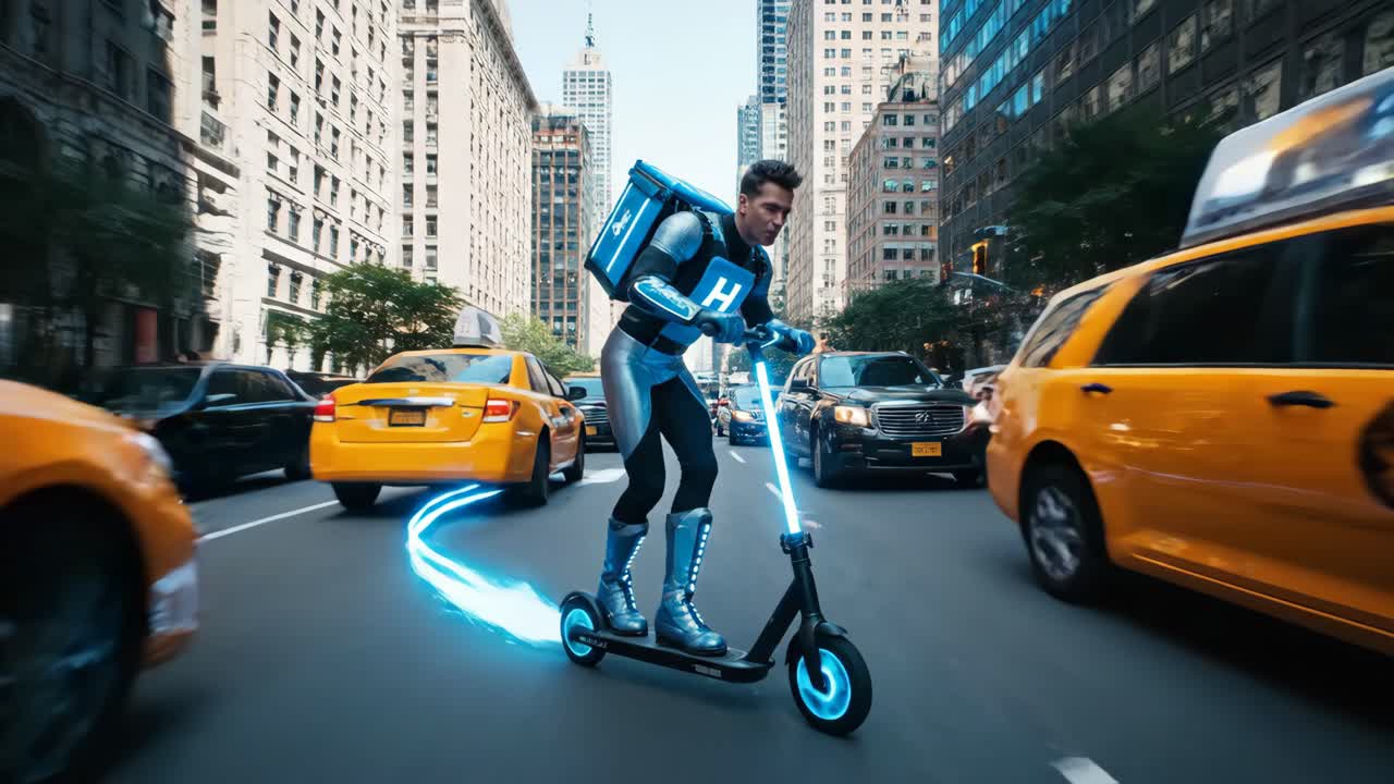 Futuristic Delivery Courier on Electric Scooter in the City