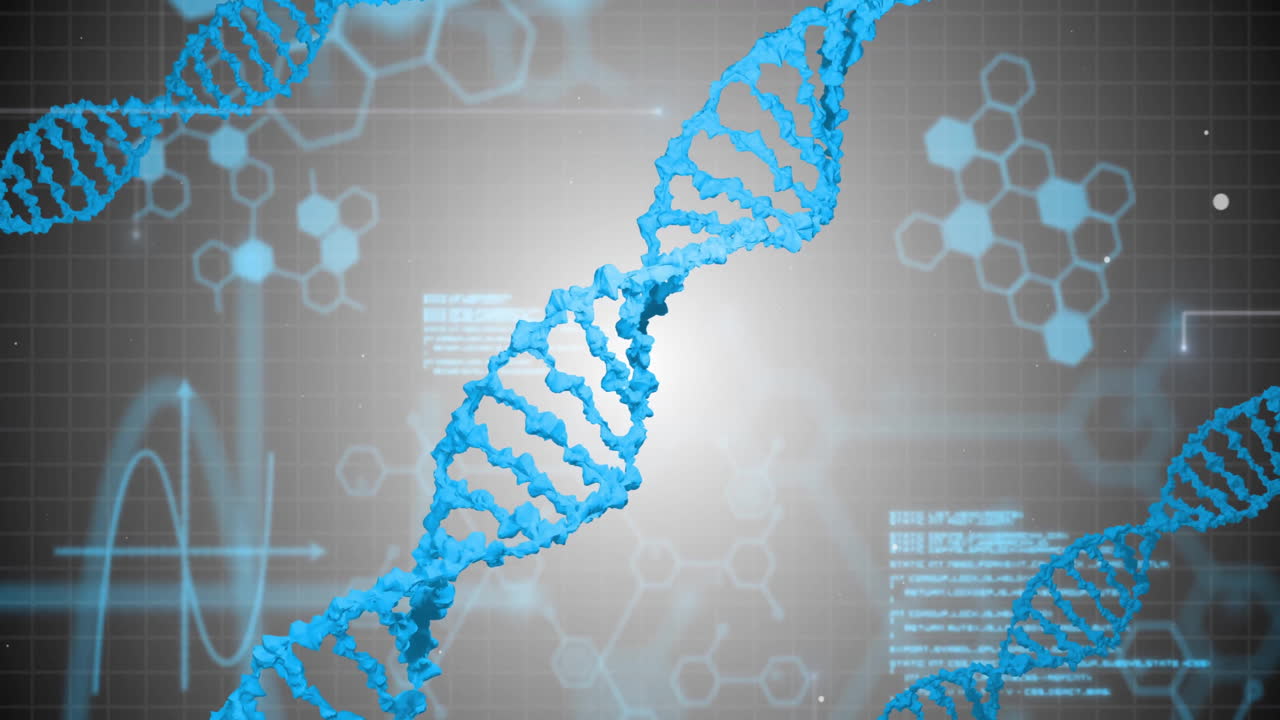 Animation of dna strands over data processing on grey background