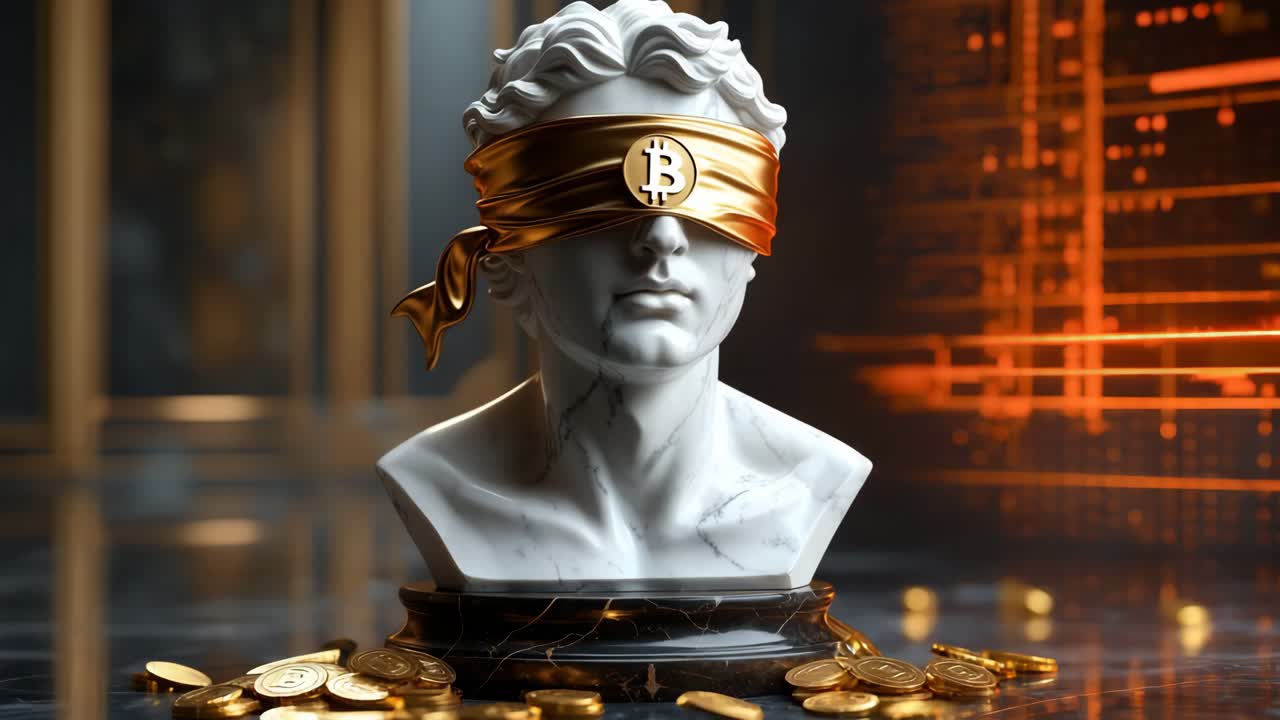 비트코인 상징으로 눈을 감은 정의의 동상