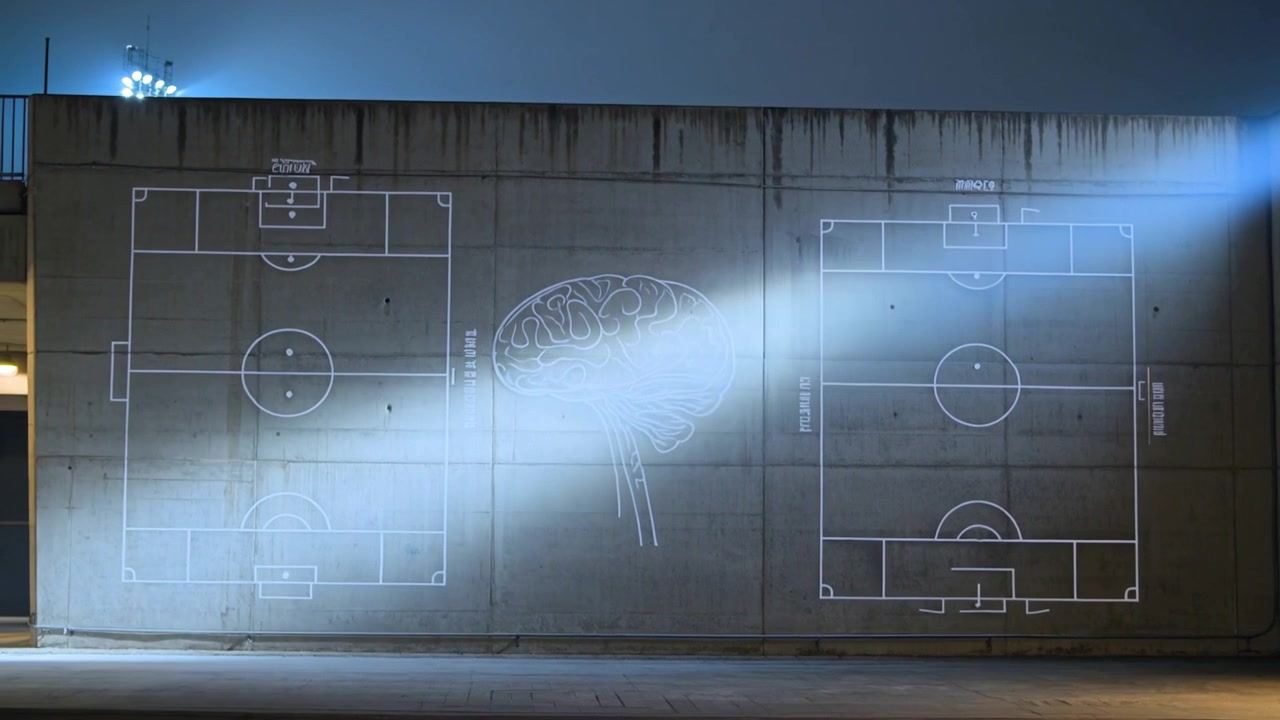 Moving bluish beam from upper-right window sweeping over wall, lighting brain and soccer fields