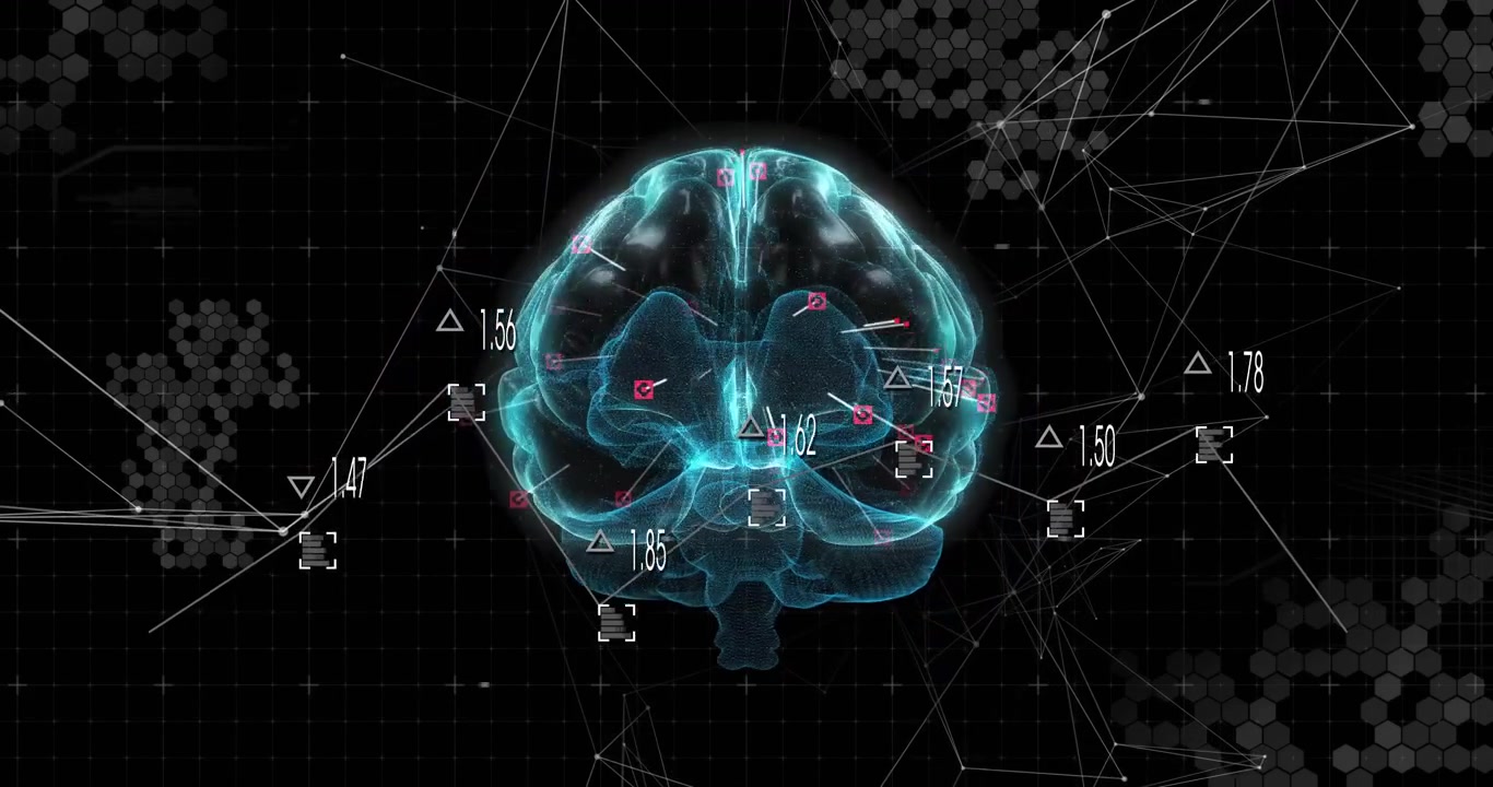 Blue brain hologram appearing, rotating, pulsing icons, animating web, visualizing neural metrics
