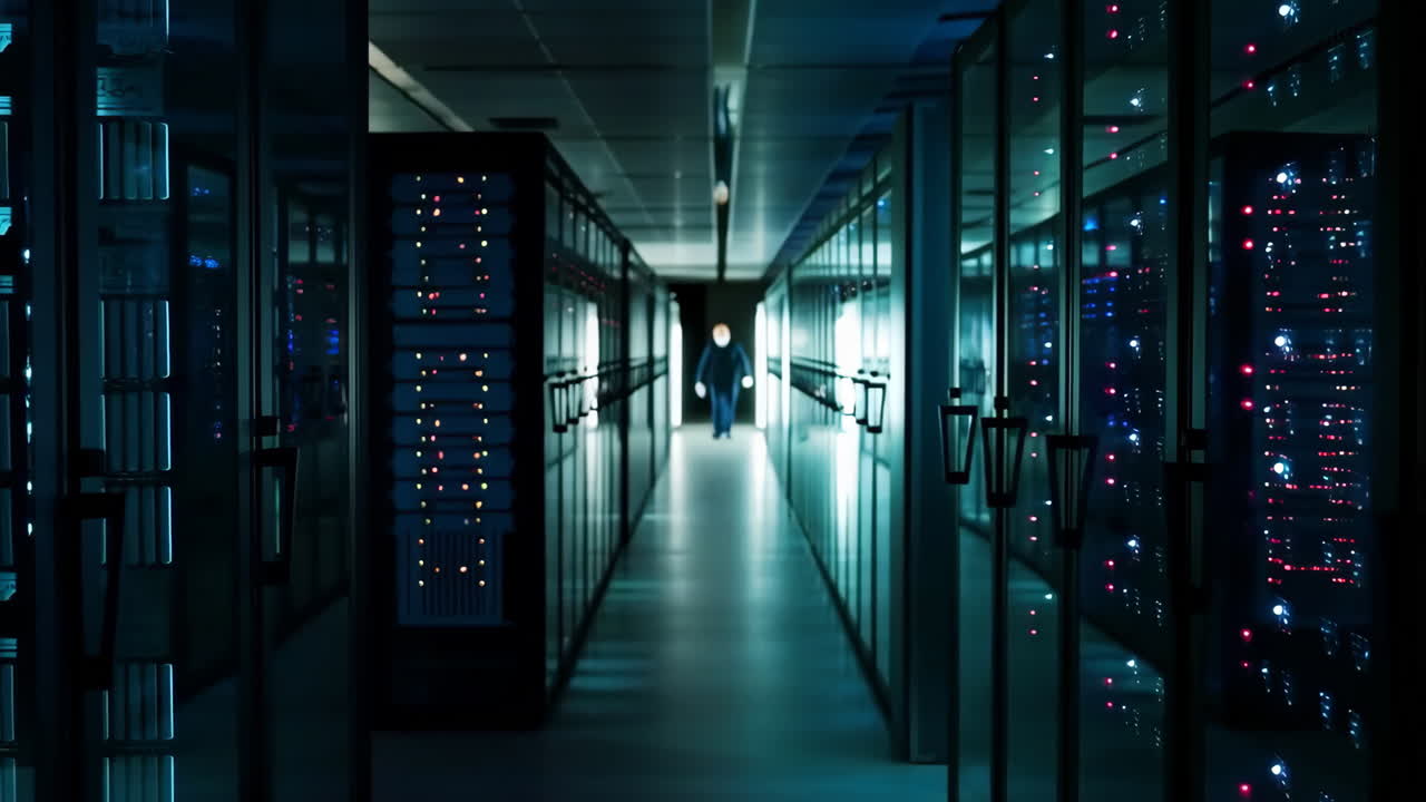 A person walking through a dark data center hallway lined with glowing server racks
