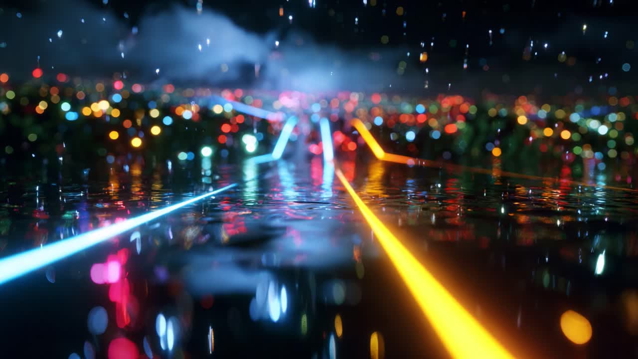 A mesmerizing view of a vibrant cityscape at night, where colorful light trails reflect on water-slicked streets, creating a stunning visual of urban life enriched by dreamy rain and glowing ambiance