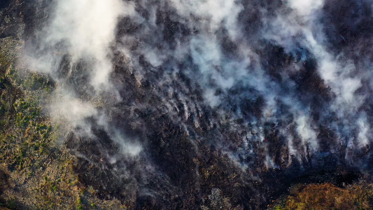 Aerial view above smoking nature, caused by a the Amazon fires, Pollution, Global warming and Climate change, in Brazil, South America - Descending, top down, drone shot