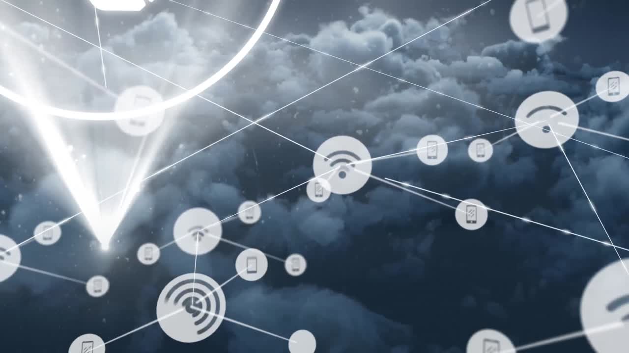 animación de la red de conexiones con iconos sobre puntos brillantes y nubes