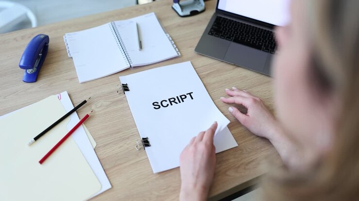 Image of a person reading a script at a desk