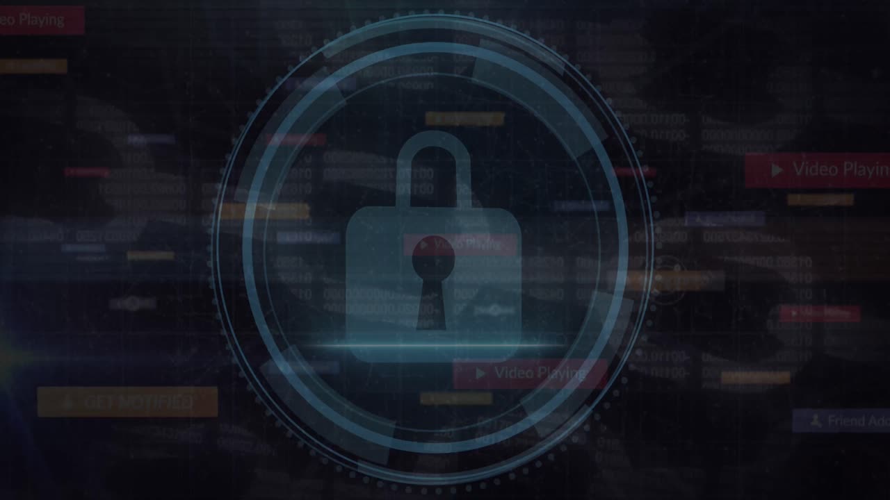 texto de seguridad cibernética sobre escáner redondo e icono de cadena de seguridad contra iconos de concepto de redes sociales