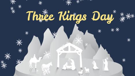 Animation-of-three-kings-day-over-falling-snow-and-nativity-scene